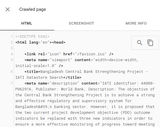 Google Search Console showing the HTML of a crawled page with a title and meta description tag